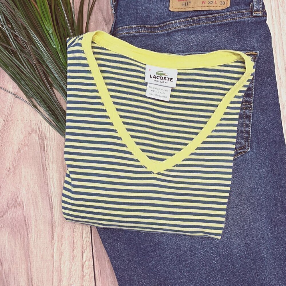 Lacoste Blue & Yellow Stripe V Neck T Shirt F8330, 8/ 3XL